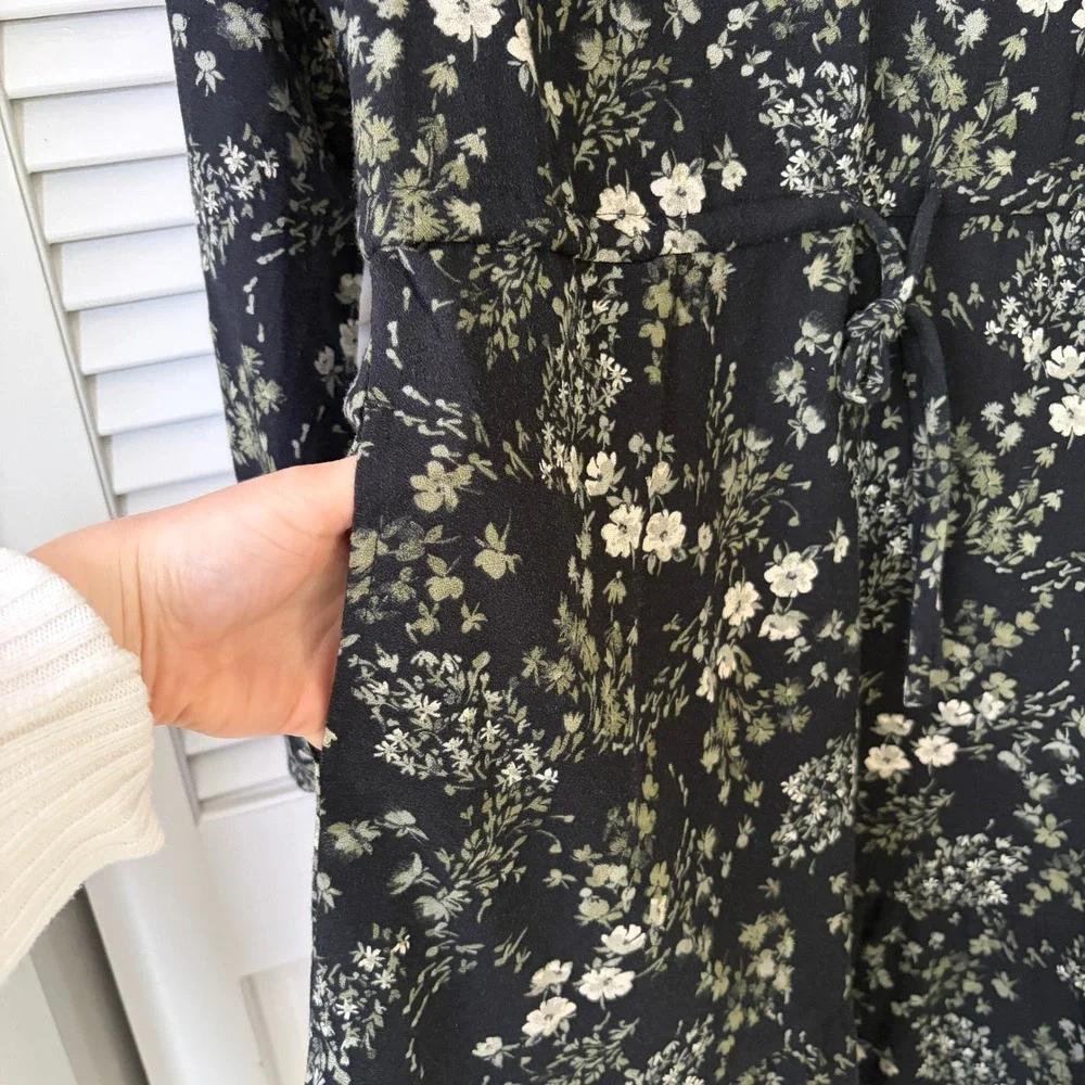 Pact Organic Cotton Floral Tiered Dress Black Green Long Sleeve Women's S